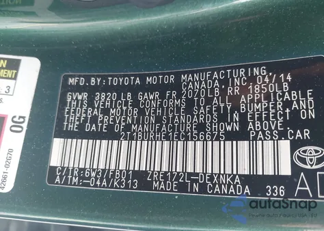 2014 Toyota Corolla Le z USA, uszkodzony, nr VIN 2T1BURHE1EC156675